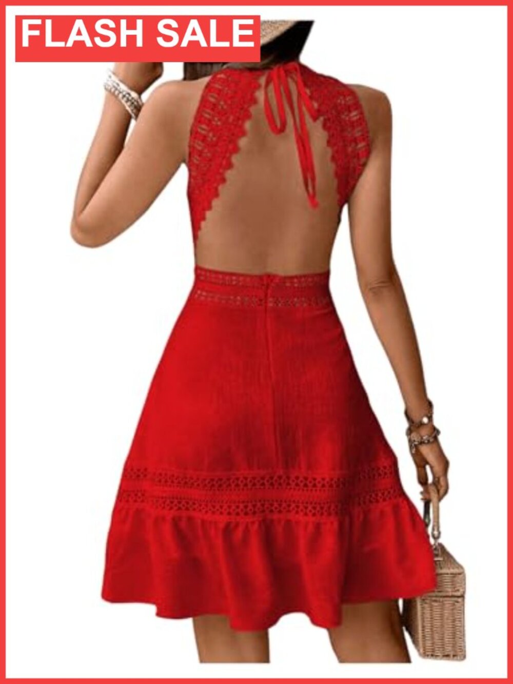 Sleeveless Halter A-Line Dress Contrast Lace Backless Tie Back Vacation